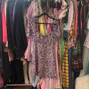 Zdamshop purple floral printed, off the shoulder dress.